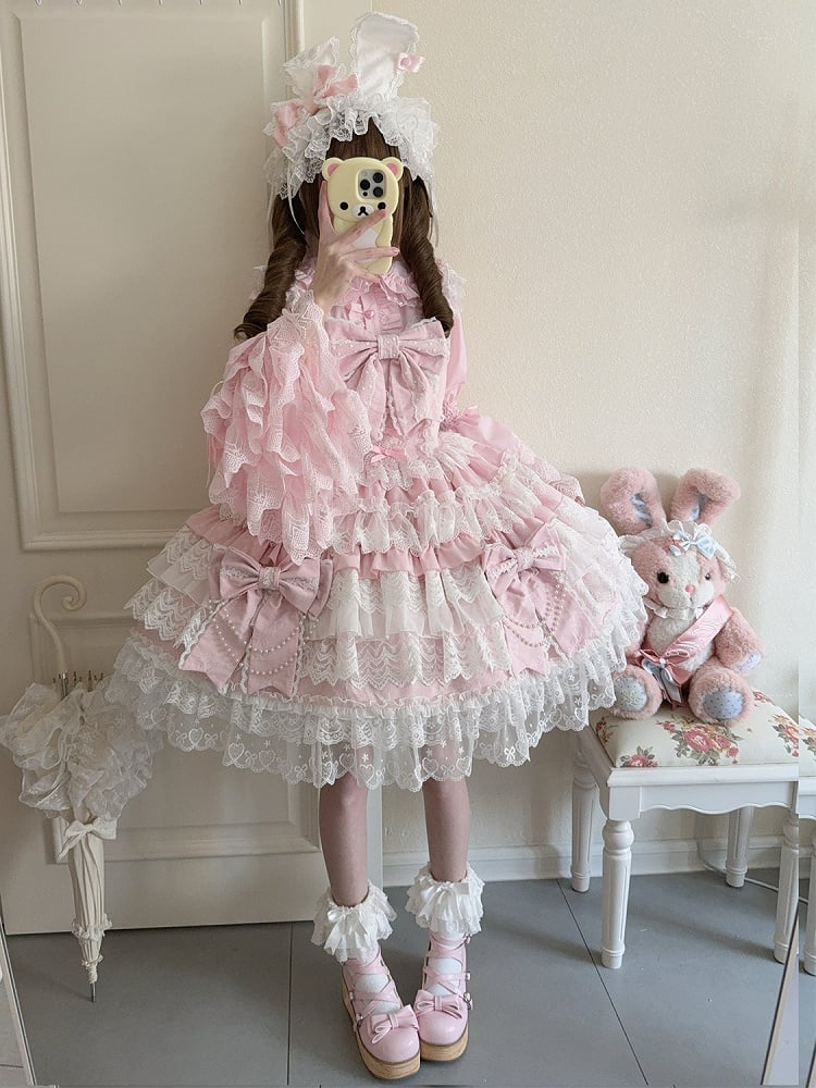 Big Lolita Bows Bead Decoration Skirt Chain Pink Hanayome Tiered Dress