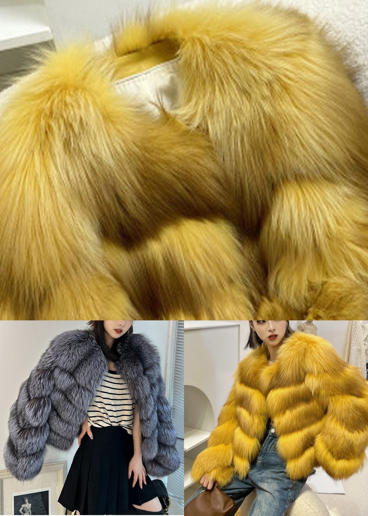 Classy Yellow Fox Collar Leather And Fur Coats Winter WV031