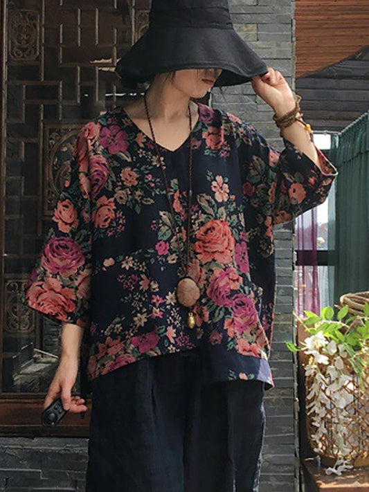 Plus Size Floral V-neck Long Sleeve Cotton Blouse Shirt OO1030