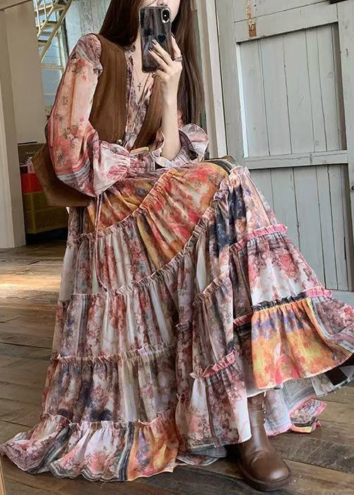 Brown Suede Dress Elegant Two-Piece Ruffled And Faux Waistcoat