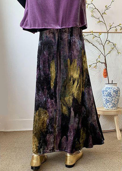 Velvet Side Loose Purple Waist Open Elastic Dye Tie Silk Skirts