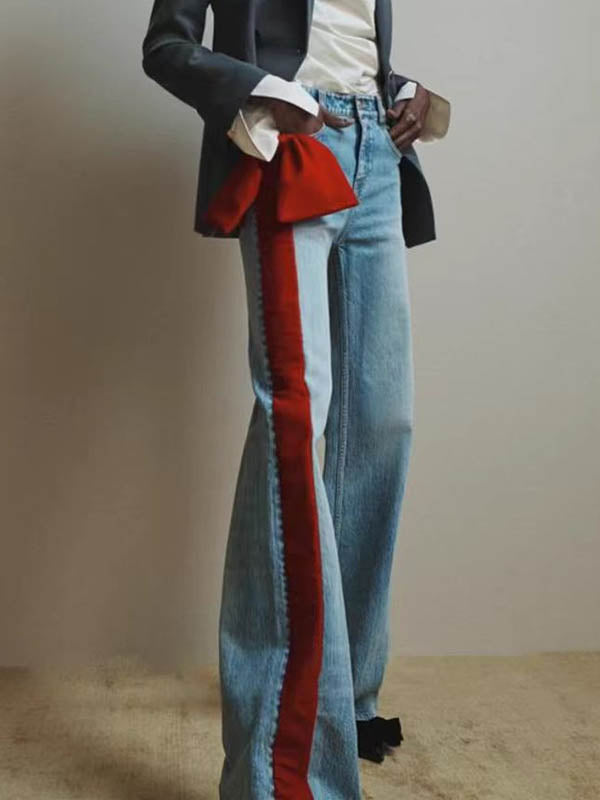 Chic Red Jeans Straight Waist High Buttoned Tied