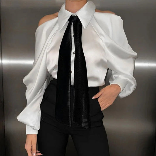 Sleeve Shoulder Satin Off Lapel Tie Party with White Top Long