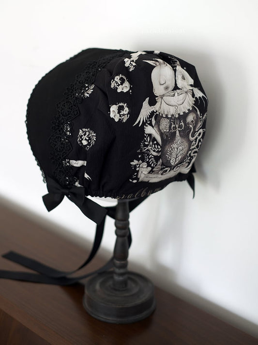 Lolita Black Bunny Print Bonnet Dark
