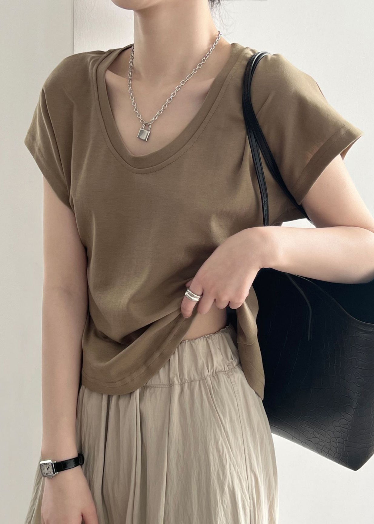 Shirt Coffee Cotton Simple Summer O Solid T Neck