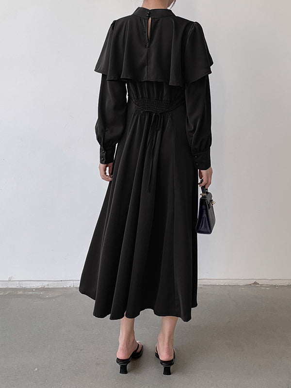 Waist Neck Ruffle A-Line Mock Elegant Tied Trim Long Coffee