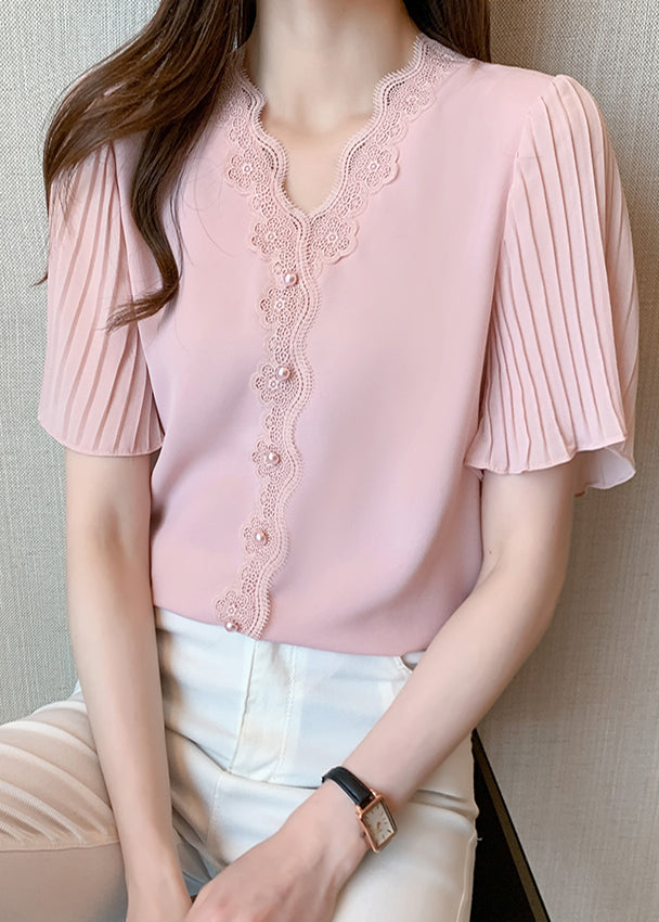 Bead Chiffon Shirt Top Patchwork Summer Pink Nail Italian Lace