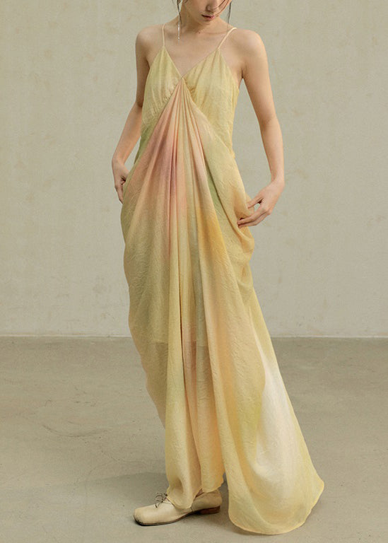 Spaghetti Tie Dye Yellow Cotton Wrinkled Strap Novelty Dress