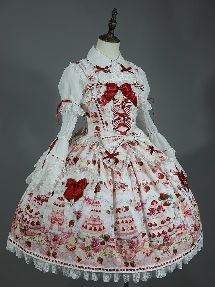 Desserts Accents Strawberry JSK and / Print Sweet Bow Lolita Full White Set