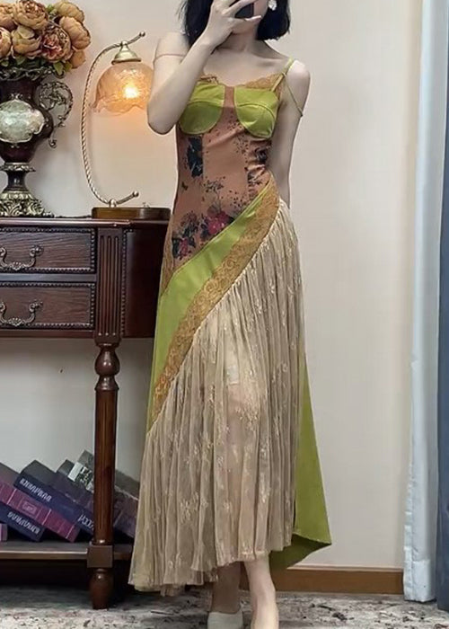 Spaghetti Sleeveless Strap Green Dress Patchwork Lace New