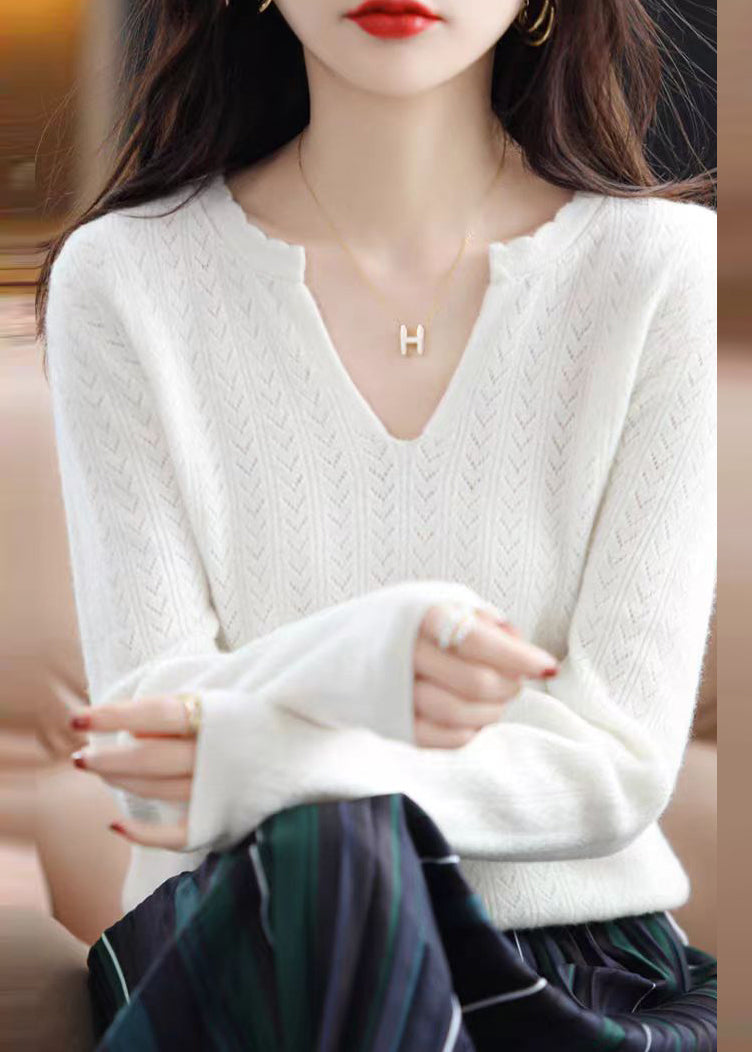 Simple White V Neck Ruffled Cotton Knit Sweaters Fall QP019