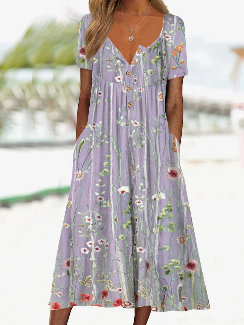 Gradient Flower Loose Long Dress Half Open Button Pocket Dress AD574