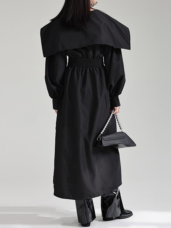 High Belted Pleated Lapel Long Black Asymmetric Waisted Modern