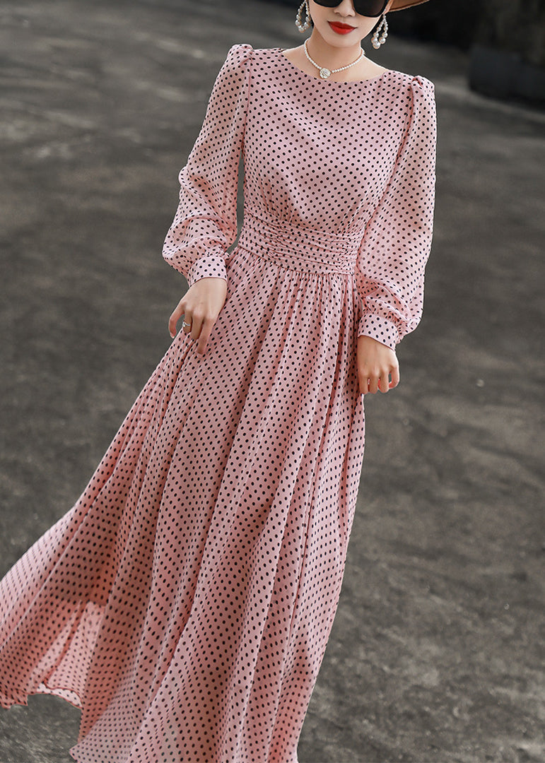 O Sleeve Fit Dot Long Chiffon Pink Neck Dresses Slim