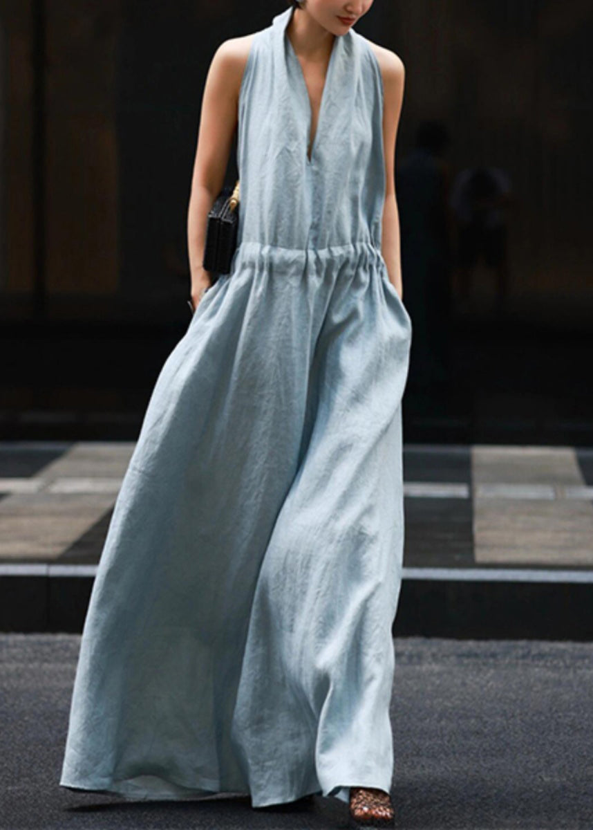 Linen Waist Tie Dresses Light Pockets Robe Solid New Blue