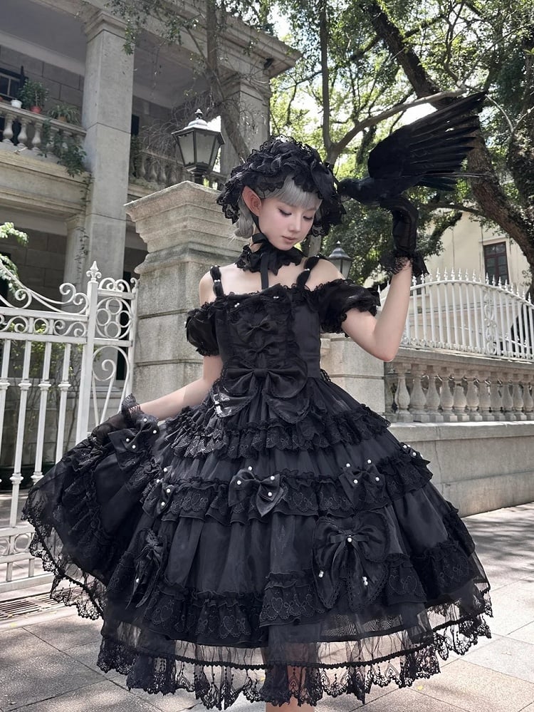 Bow Princess All Details at Big Black Back Dress Lolita Bead with Accents and