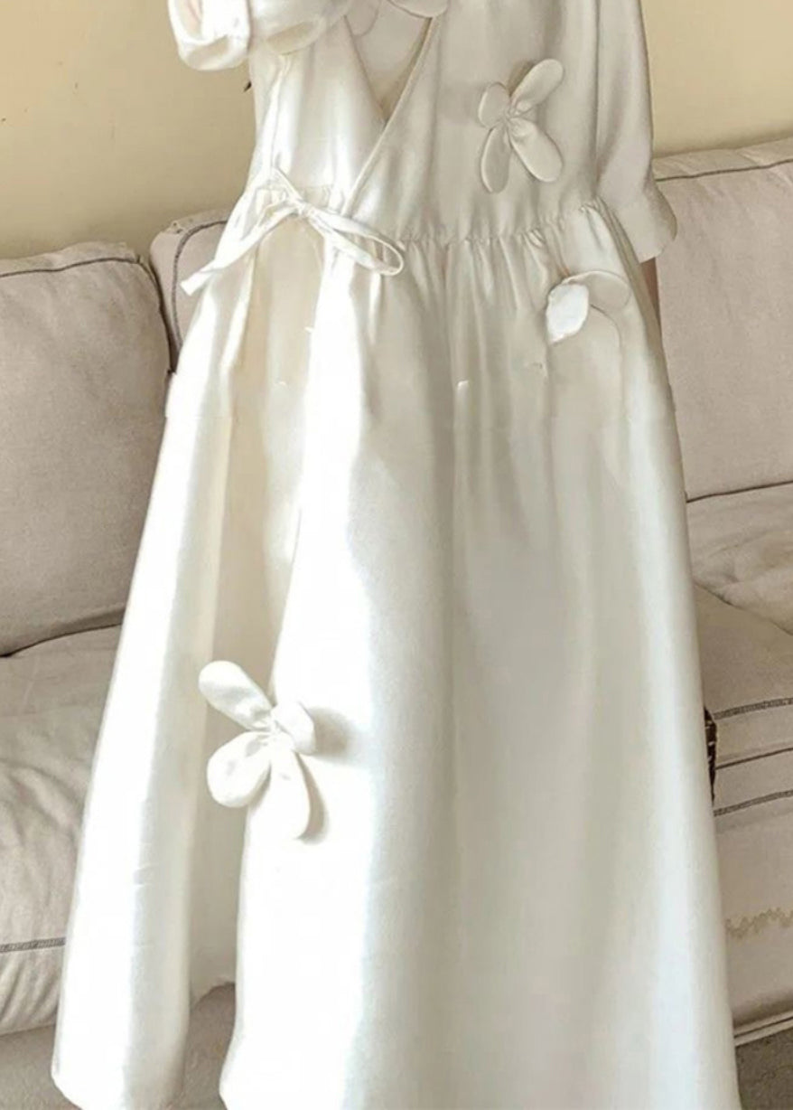 Neck Long Dress White Floral Chic Lace Cotton Summer Up V