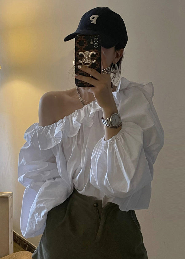 Blouse Shoulder Cotton French Cold Puff Top White Sleeve