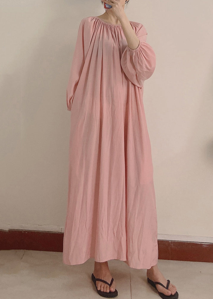 Women Pink Wrinkled Pockets Maxi Dress Long Sleeve TT1044