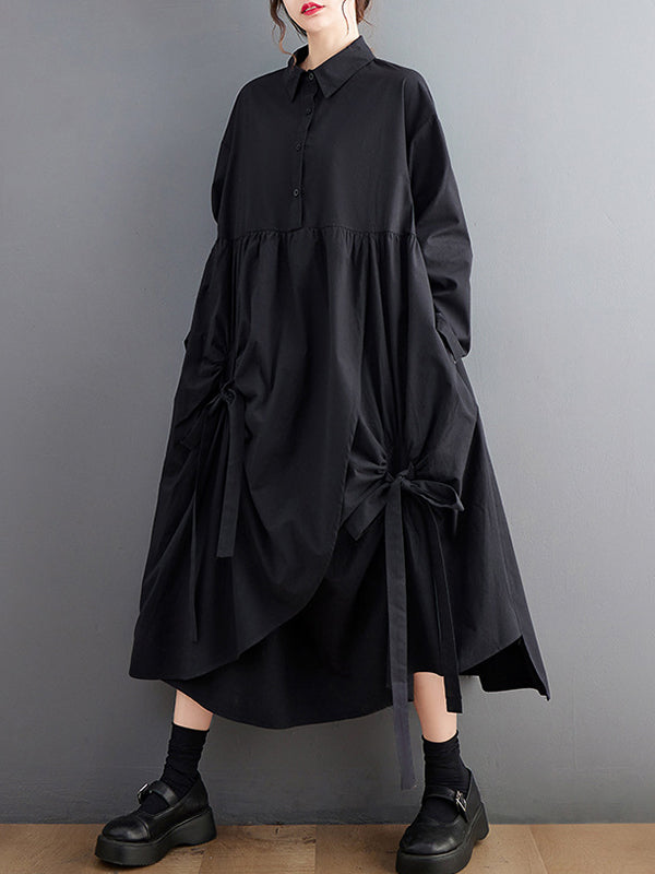 Stylish Black Lapel Buttoned Drawstring Pleated Tied Pockets Sleeves Shirt Dress WS004