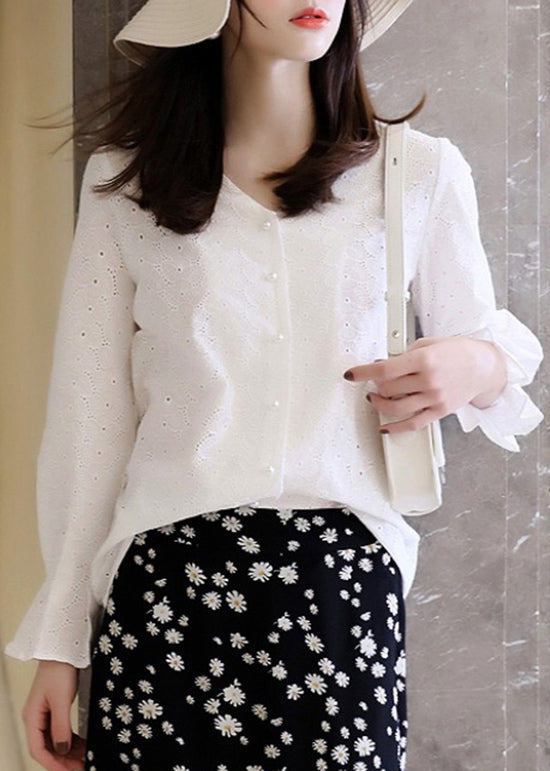 Top Cotton White French Neck Out Flare Hollow Embroidered V