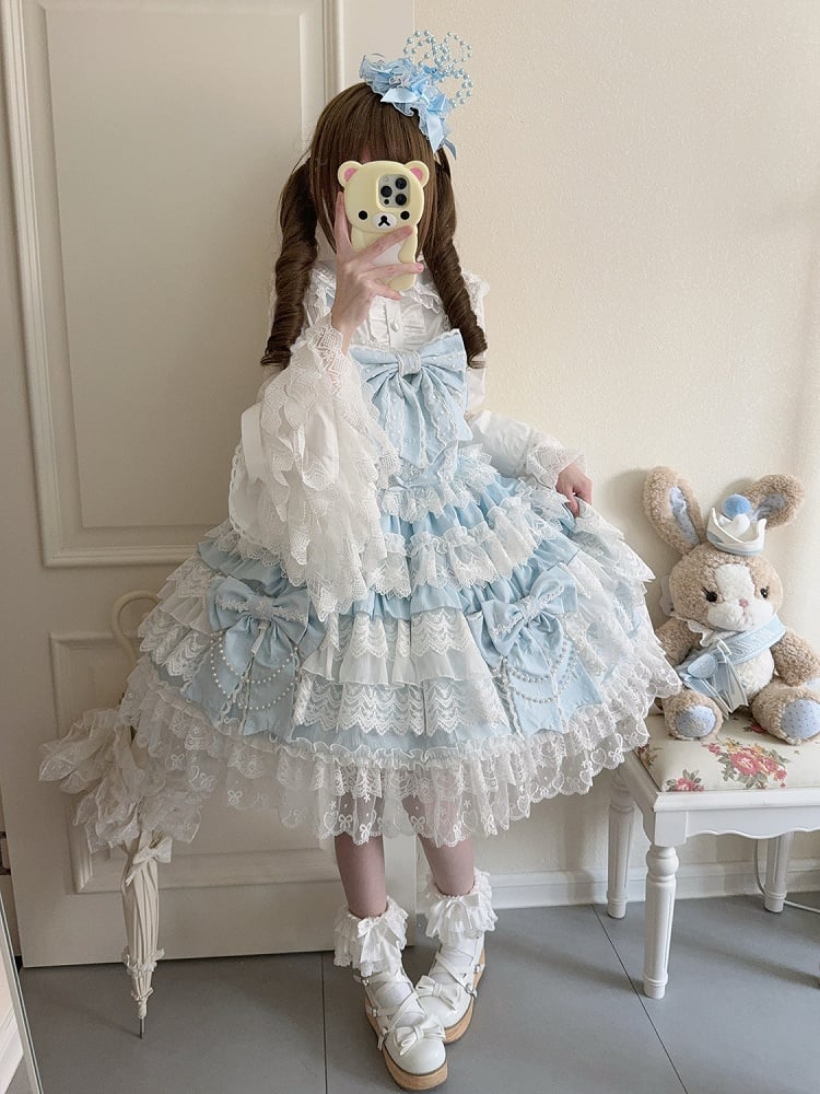 Skirt Bows Decoration Lolita Tiered Hanayome Blue Big Dress