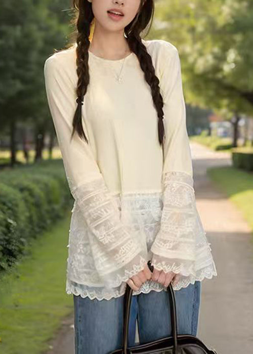 Lace Patchwork Slim Beige Fit Spring T Button Shirt