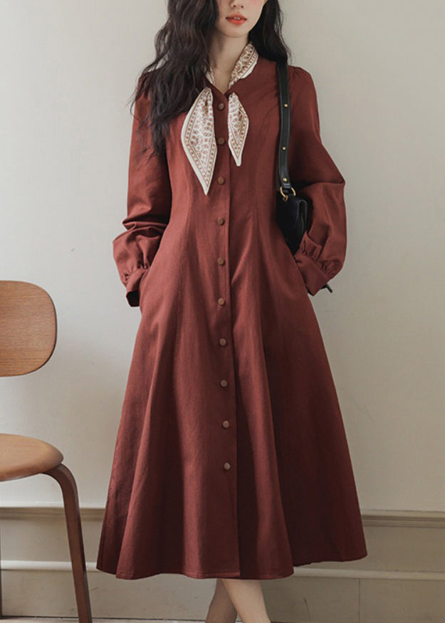 Fit Bow Pockets Dress Maxi Red Button Spring Slim