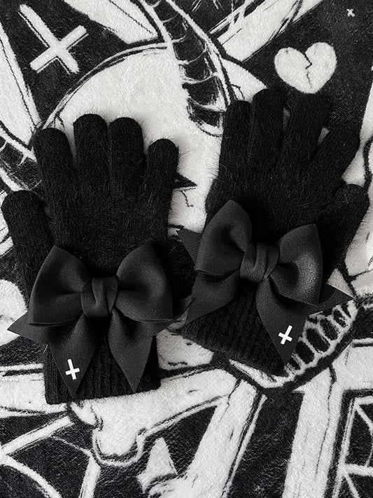 Pads Finger White Print Gothic With Black at Bowknot Details Gloves Cross Cutout