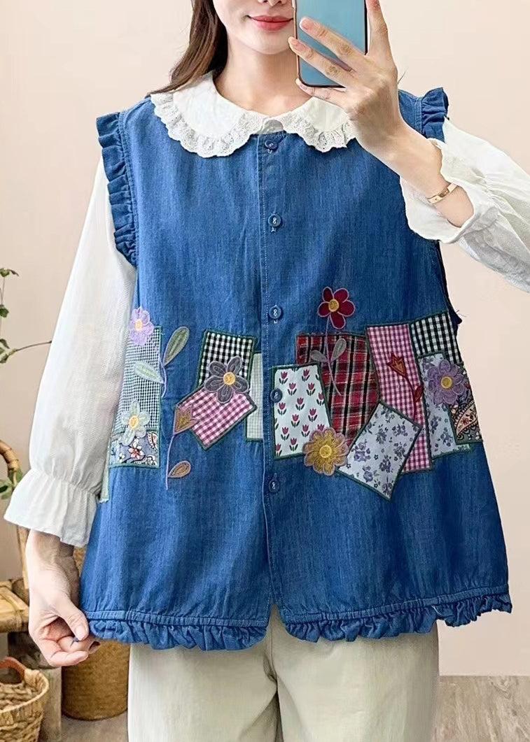 Cute Navy Embroidered Patchwork Button Waistcoat Sleeveless NN038