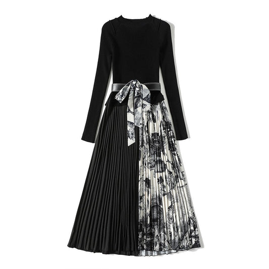 Women Black O-neck Belt Patchwork Floral Print Pleated Hem Long Sleeve Knit Dress