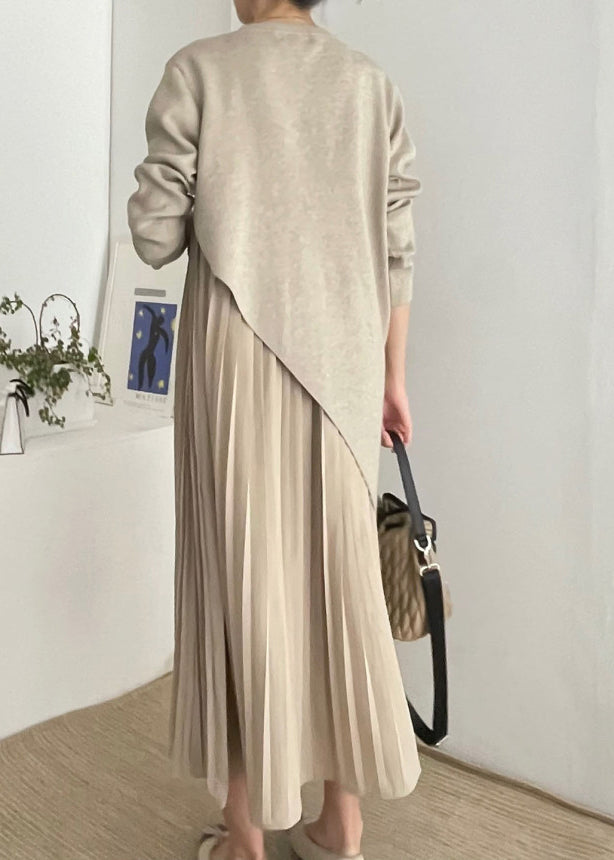 Set Piece Dress Knit Two Asymmetrical Beautiful Wrinkled Khaki