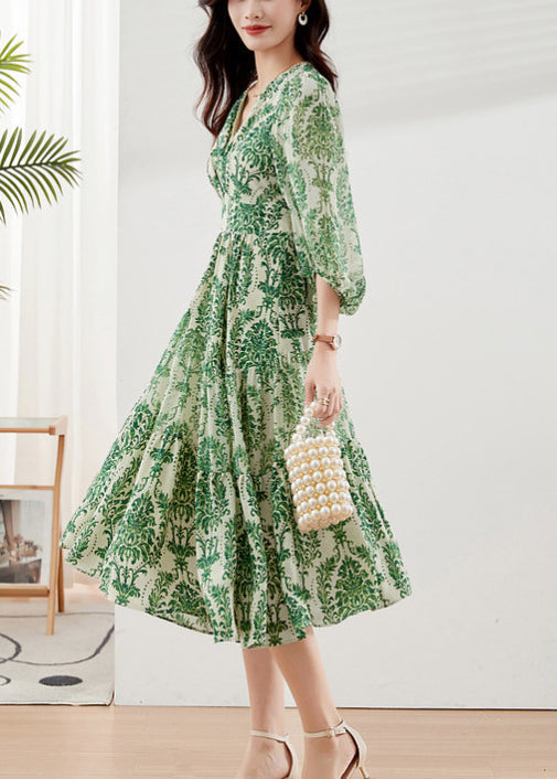 Bracelet V Vacation Handmade Green Print Chiffon Dresses Neck