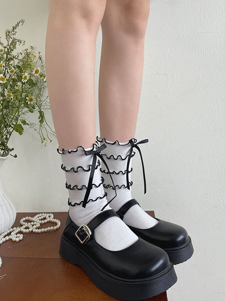 Bowknot With White Trims Calf Tiered Socks Ruffle Black