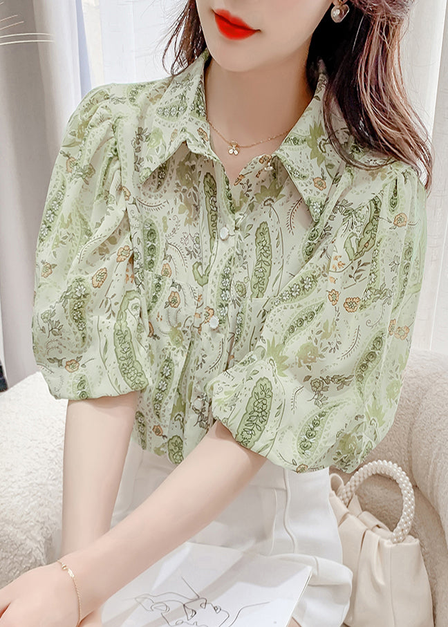 Peter Green Pan Collar Elegant Top Lantern Print Chiffon Shirt