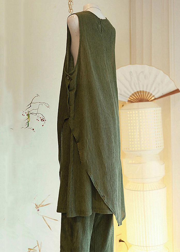 Pieces Button Green Cotton Asymmetrical Women Sleeveless Two Set