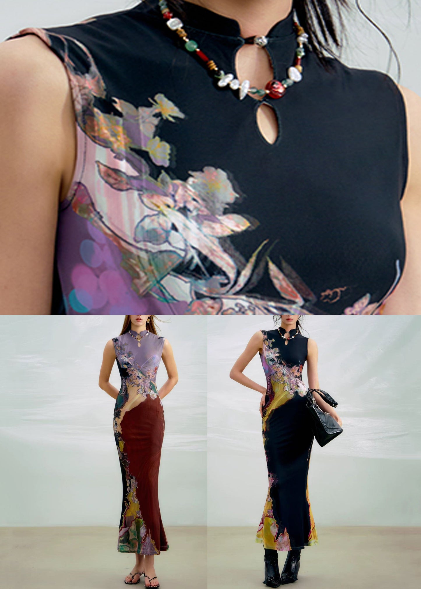 Print Sleeveless Purple Long On Both Dress Sides Wear