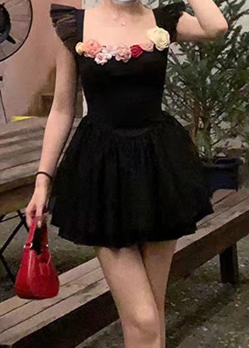 Sexy schwarzes, eckiges Kragenkleid aus massiver Baumwolle mit mittlerem Schnitt, Sommerkleid XX014