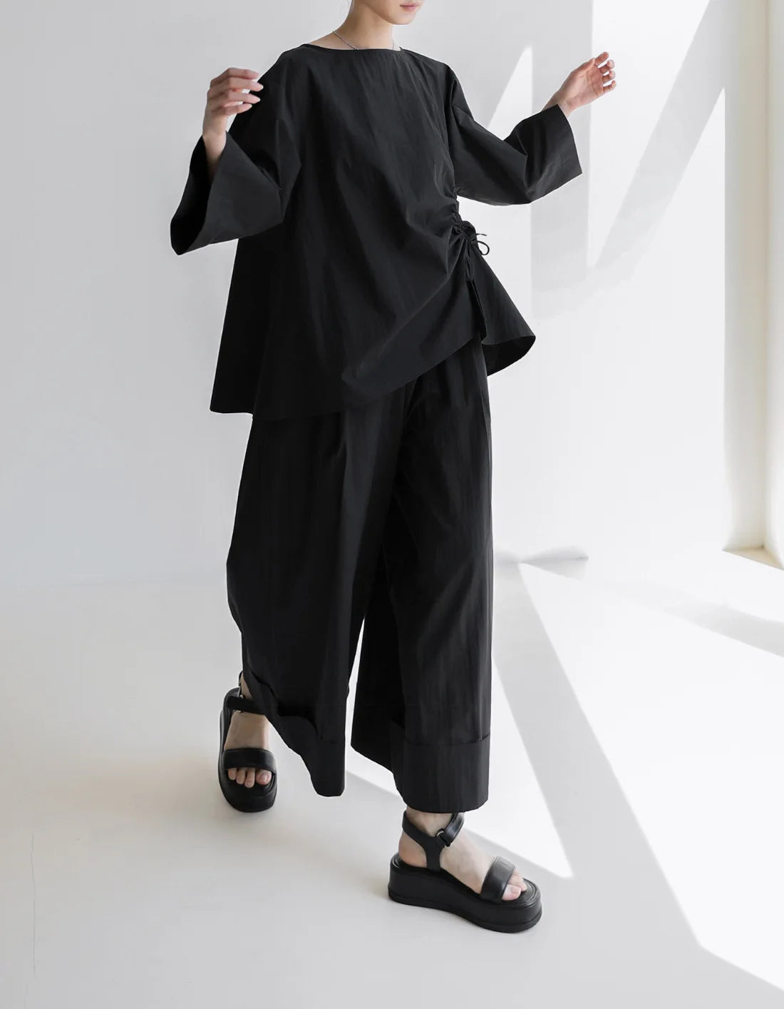 Cotton Asymmetrical Casual Sleeve Half Khaki Drawstring Top