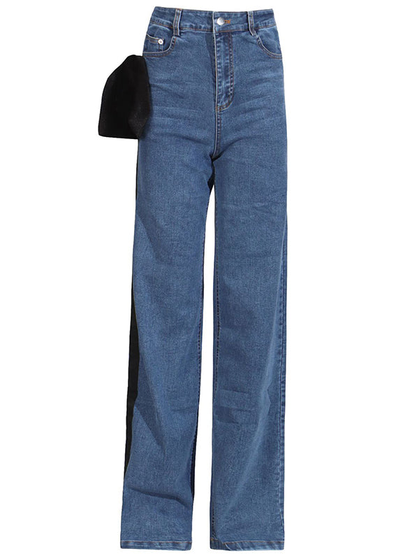 Chic Red Jeans Straight Waist High Buttoned Tied