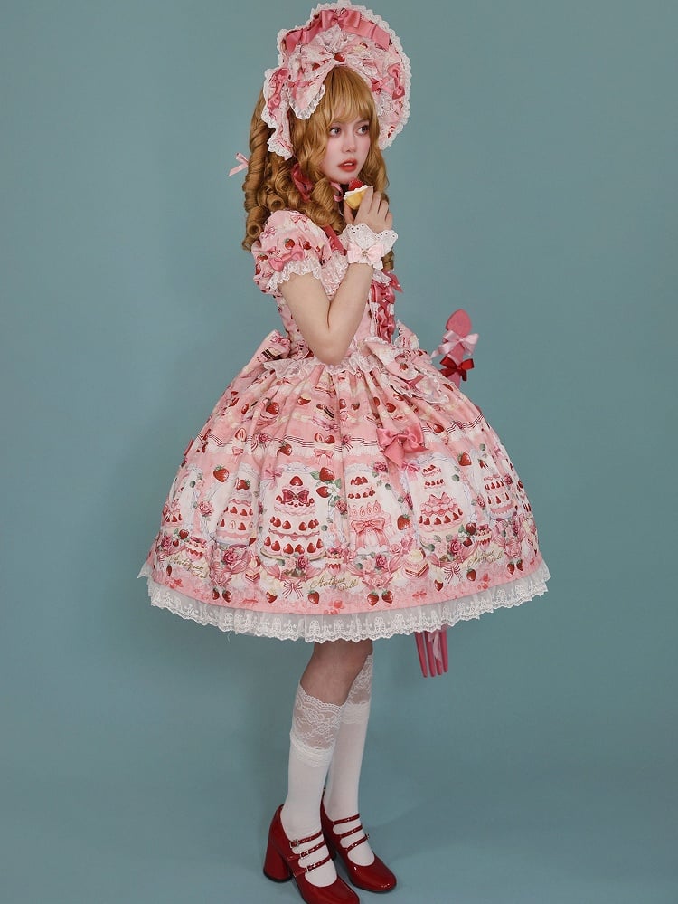 Strawberry Lolita Pink Bow Set Dress Print Cake Full Sweet Accents /