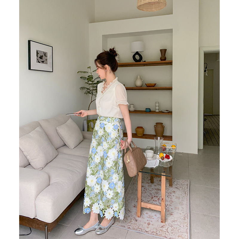 Floral Green Straight Skirt Embroidery Elegant
