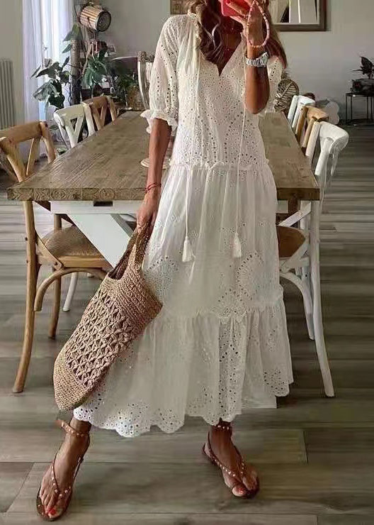 Hollow White Dress Party Elegant Ruffled Summer Out Cotton
