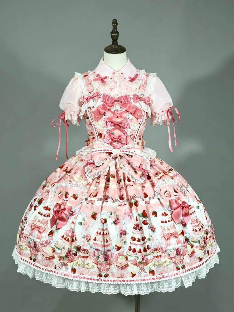 JSK Sweet Lolita Pink Desserts Set / Print and Full Bow Strawberry Accents