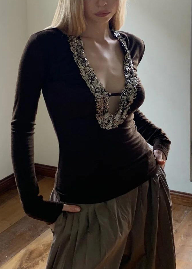 Sequins Boho U Spring Silk Top Neck Coffee