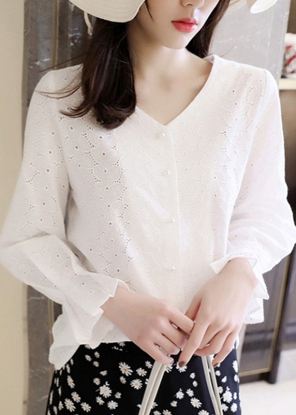Top Cotton White French Neck Out Flare Hollow Embroidered V