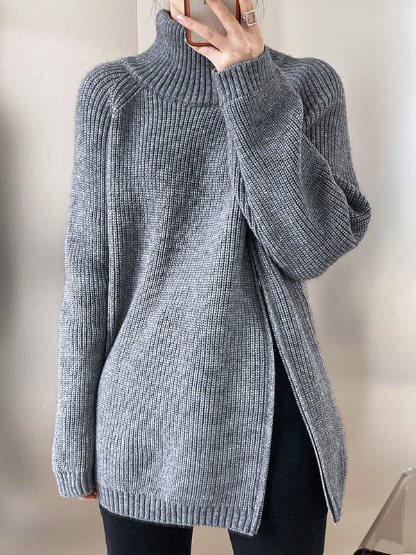 Urban Grey Halter-Neck Split-Side Zip-up Long Sleeve Sweater AN1033