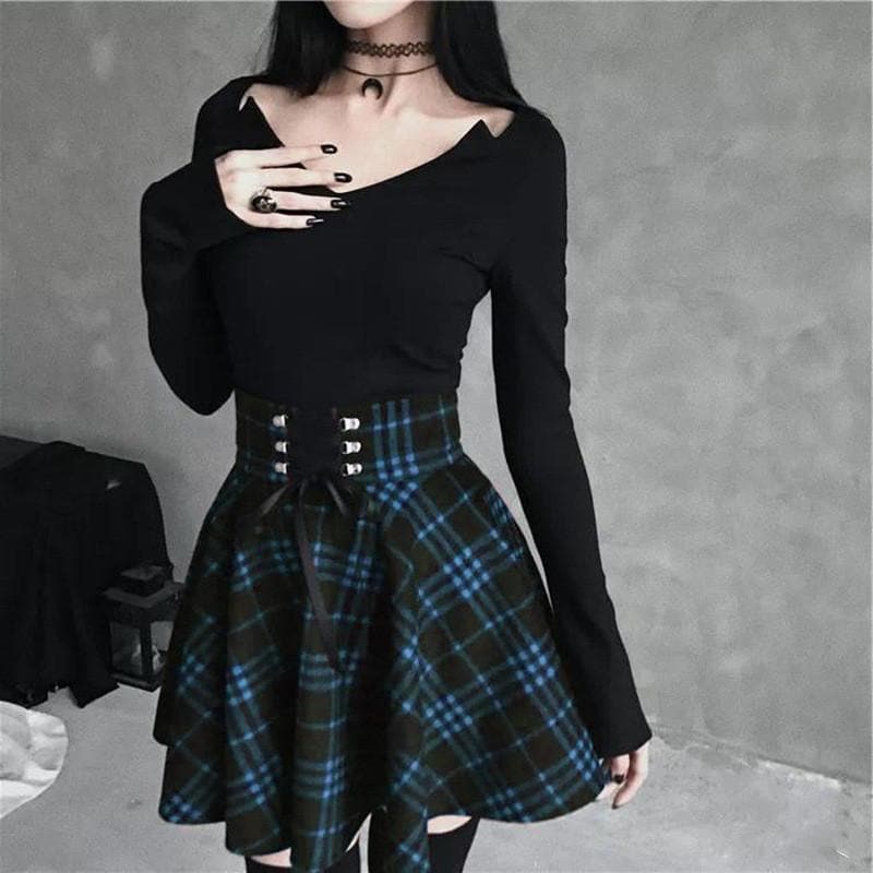 Gothic High Waist Laced Plaid Skirt SP14143