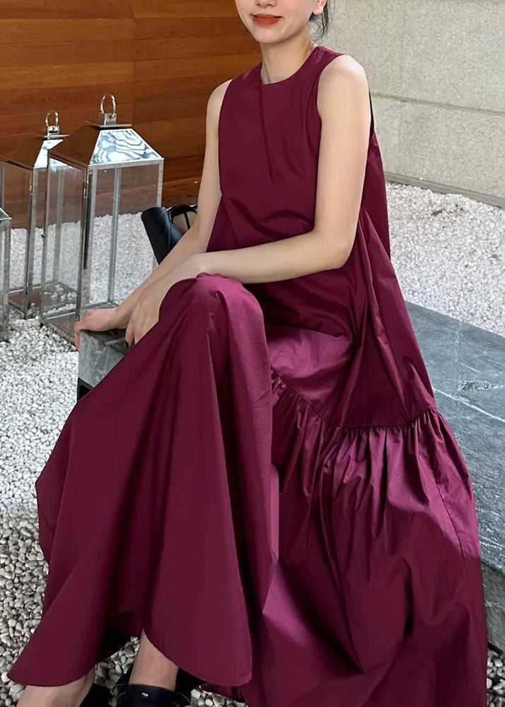 Dresses Wrinkled Solid Cotton Wine Long Pockets Simple Red