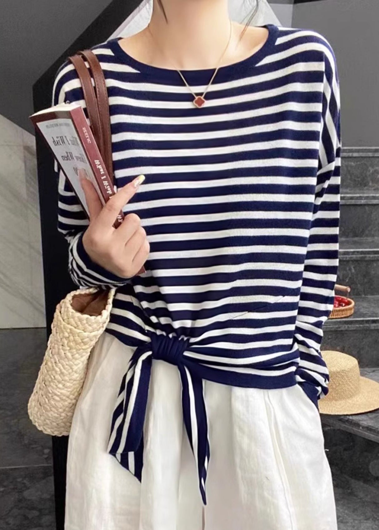 Shirt Loose Black O Striped Up Spring Cotton Neck Lace T